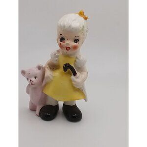 Vintage Ucagco Figurine Girl In Yellow Dress & Pink Teddy Bear